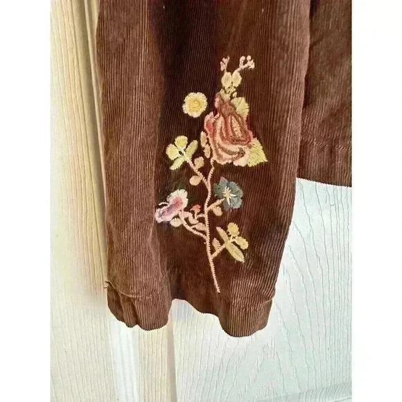 BISOU BISOU BrownTwill Jacket Y2K Floral Embroidery Buttons Long Sleeves SzLG - Picture 4 of 7